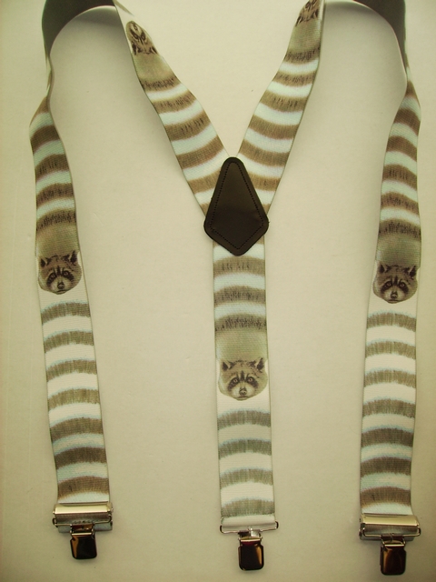 WILD LIFE RACCOON "Y" Style 2" X 48" long. All Straps are stretchable Cotton/Polyester Hand Washable-Hang to Dry Material with Real Leather Patch, 3 Strong 1" x 1" Stainless Steel Grips and Two Secure Stainless Steel Adjusters. Fits 4' 8" to 6' 2" Average Build. Y-UA420N48WLRC